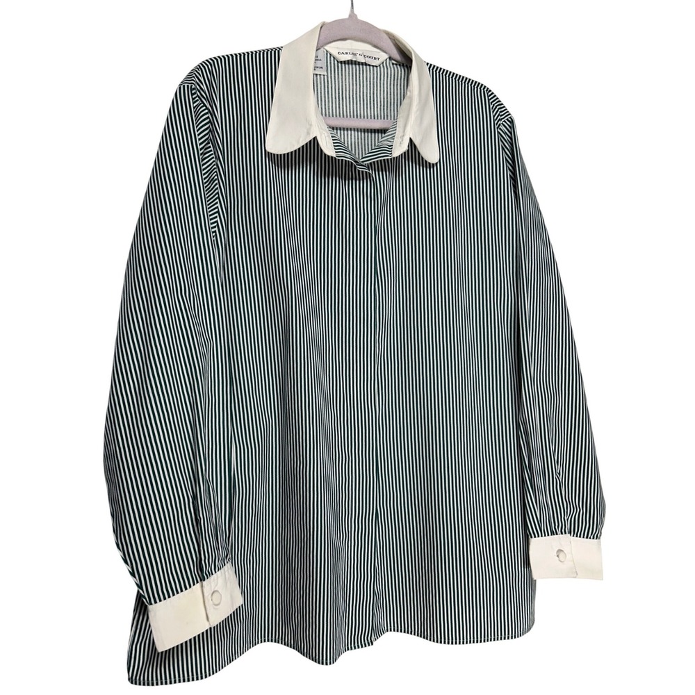 VTG Carlie's Court Striped‎ Button Down Blouse Green White Size 18